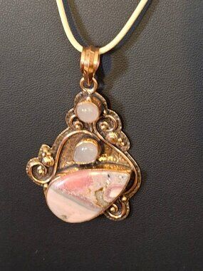 Handcrafted Rhodochrosite and Rose Quartz Gemstone Pure Copper Pendant Boho 688
